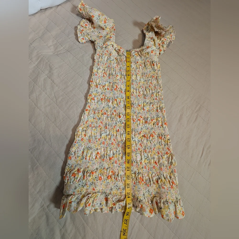 Storia Yellow Floral Smocked Mini Dress with Orange Accents, Women's Size Medium - Picture 8 of 10